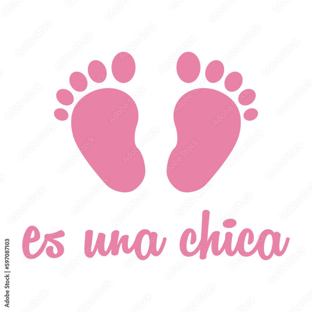 Anuncio de llegada de bebé niña. Letras mensaje es una chica en texto manuscrito en español con silueta de huella de pies descalzos color rosa para su uso en invitaciones y tarjetas Anuncio de llegada de bebé niña. Letras mensaje es una chica en texto manuscrito en español con silueta de huella de pies descalzos color rosa para su uso en invitaciones y tarjetas