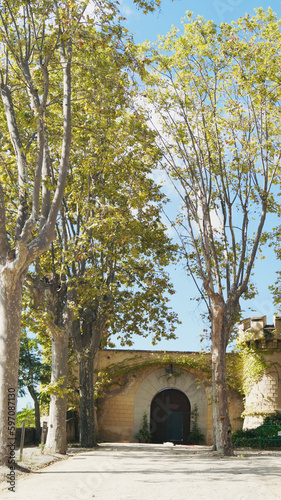 Arenys de munt, Barcelona,Spain;25 Septembre 2022: Green trees around the sand road. Entrance to Jalpi castle.