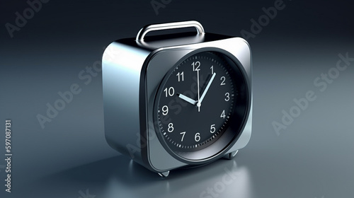 3d rendering of a silver alarm clock on a gray background.