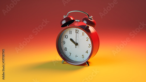 3d rendering of a red alarm clock on a yellow background.