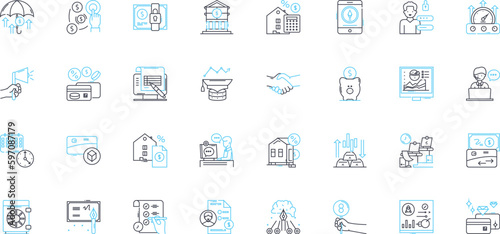 Finance linear icons set. Investment, Budget, Savings, Interest, Interest rates, Credit, Debt line vector and concept signs. Taxes,Insurance,Portfolio outline illustrations