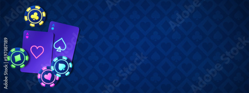 Poker background with neon chip and ace bet vector illustration. Casino led roulette concept on blue playing fabric design top view. Playing online blackjack glow holdem internet banner layout.