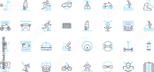 Amusement pastime linear icons set. Thrills, Fun, Entertainment, Joy, Games, Playtime, Laughter line vector and concept signs. Bliss,Escapism,Leisure outline illustrations Generative AI