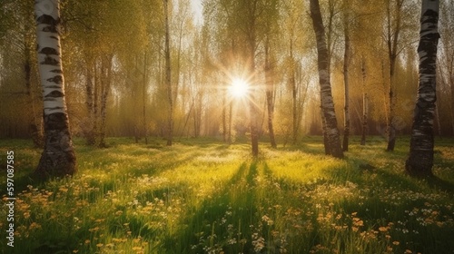 Birch grove in spring on sunny day with beautiful carpet of juicy green young grass and dandelions in rays of sunlight. AI generative