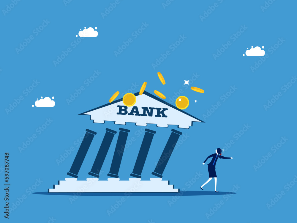 Bank collapse. Bank collapse or financial crisis. Businesswoman running