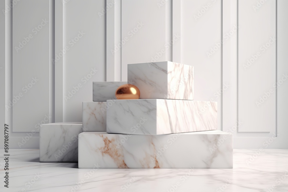 Round white marble pedestal, 3d pedestal, white marble-patterned ceramic floor tiles from generative ai