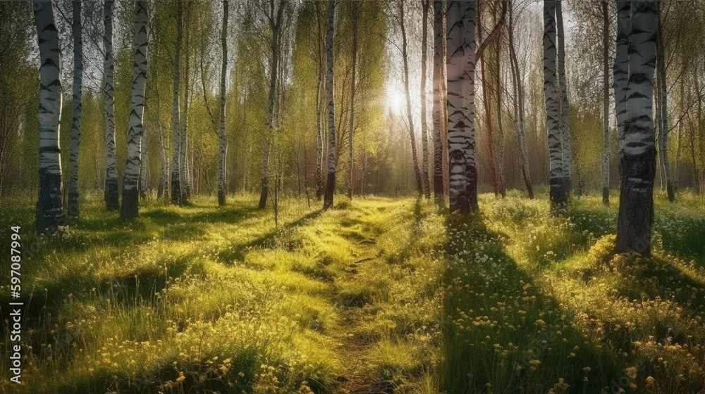 Obraz premium Birch grove in spring on sunny day with beautiful carpet of juicy green young grass and dandelions in rays of sunlight. AI generative