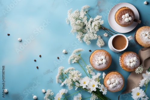 Coffee and bakery on blue background, food concept from generative ai