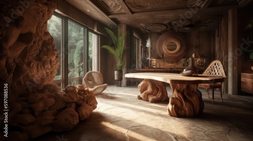 Enchanting Wooden Home Interior, Natural Timber Furnishings, Cozy Rustic Atmosphere, Harmony with Nature, Charming Living Space, Generative AI Illustration © John