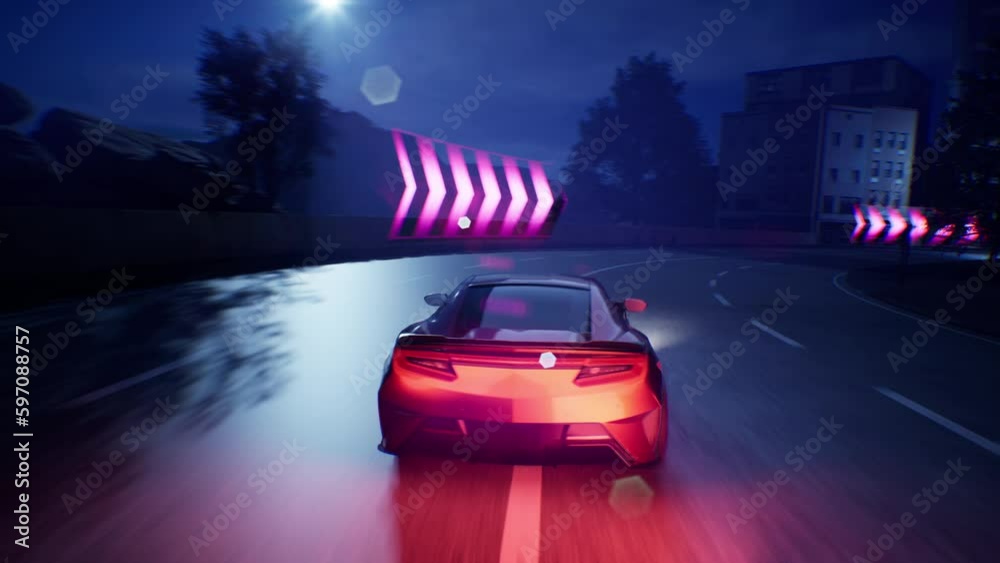 3D animation of racing simulator. Sports car drifting and driving fast on modern urban roadway in night city. Gameplay of racing video game with user interface. Playback on computer or mobile screen.
