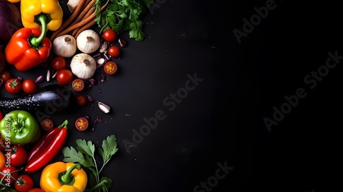 organic food & Fresh raw vegetables On a black chalkboard