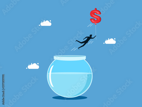 Independent life with money. man floats with money balloons out of fishbowl vector