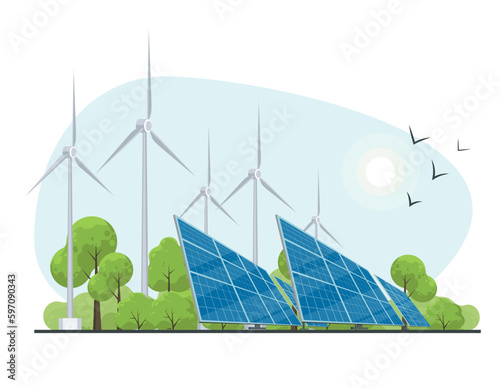 Wind and solar generation. Solar panels and wind turbines on nature background. The concept of alternative electricity production.