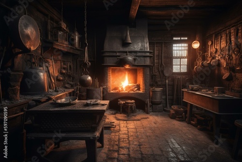 Vintage blacksmithing studio stocked with a flaming furnace, an antique anvil, and a hammer. Generative AI
