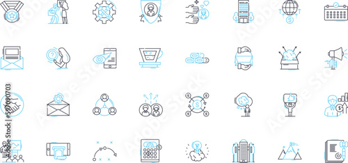 Business Strategy linear icons set. Vision, Innovation, Growth, Planning, Adaptability, Execution, Agility line vector and concept signs. Brand,Nerking,Synergy outline illustrations Generative AI