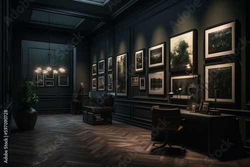 Gallery room with art and mockup frames in dark interior. Generative AI