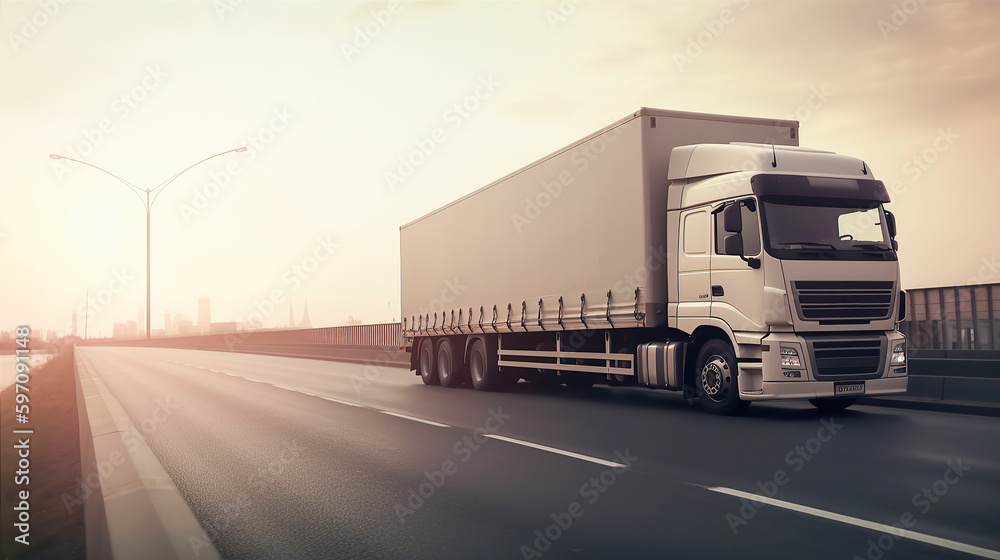 Truck with container on highway, cargo transportation, generative ai