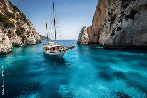 Sailboat as it glides over the crystal clear blue waters of the Greek island of Zakynthos