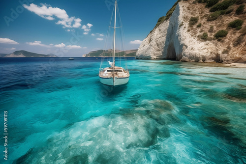 Sailboat as it glides over the crystal clear blue waters of the Greek island of Zakynthos