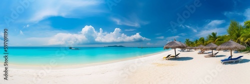 Beautiful beach with white sand, turquoise ocean and blue sky with clouds on Sunny day. Summer tropical landscape with green palm trees and Straw umbrellas with empty copy space. AI generative