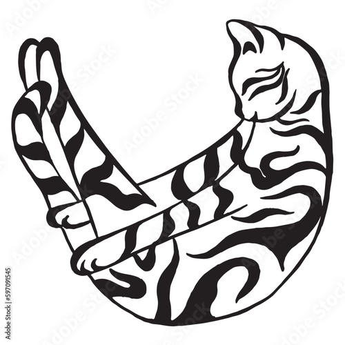 Funny fat striped cat vector illustration isolated on white background. Hand-drawn silhouette drawing of a tabby cat. Calligraphy image. Tattoo design.