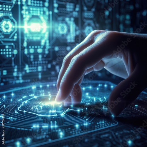 The hand connecting to digital data, big data concept, cyber security concept, Ai Generated