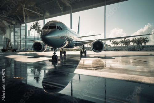 Plane arriving in Miami reflected in terminal window. Generative AI