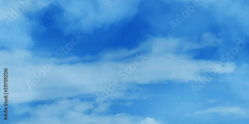 Abstract watercolor background . Grunge wallpaper of blue sky with white clouds . Summer heaven bright cloudscape .	