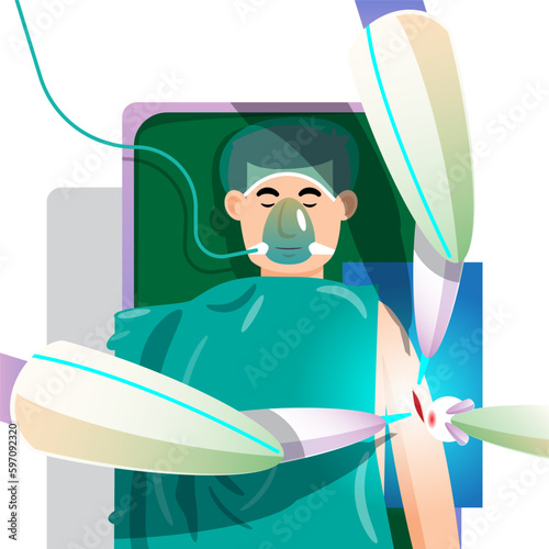 A robotic arm performs surgery on a patient. Small incision robotic surgery. medical technology.