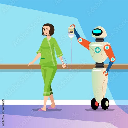 Robots take care of general patients. Assist in moving in the hospital. Technology in caring for patients and the disabled.