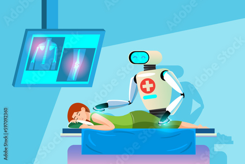Physical therapy robot, body massage, back and knee massage. Technology in caring for patients. Robots to replace human work.