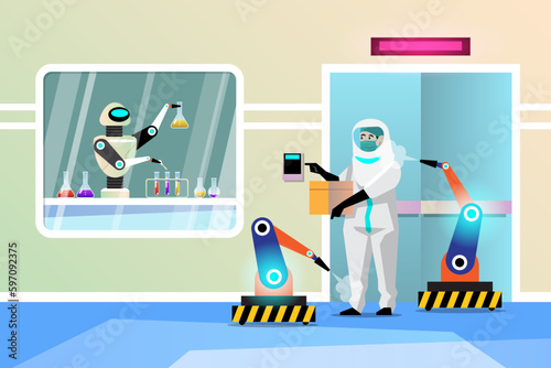 The robot works in a disinfection room mixing deadly chemicals. Prevent dangers that will occur to humans. Disinfection Robot / Clean Room / Chemical Drip. medical technology.