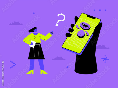 A woman interacts with a chatbot on the smartphone screen. Futuristic illustration.