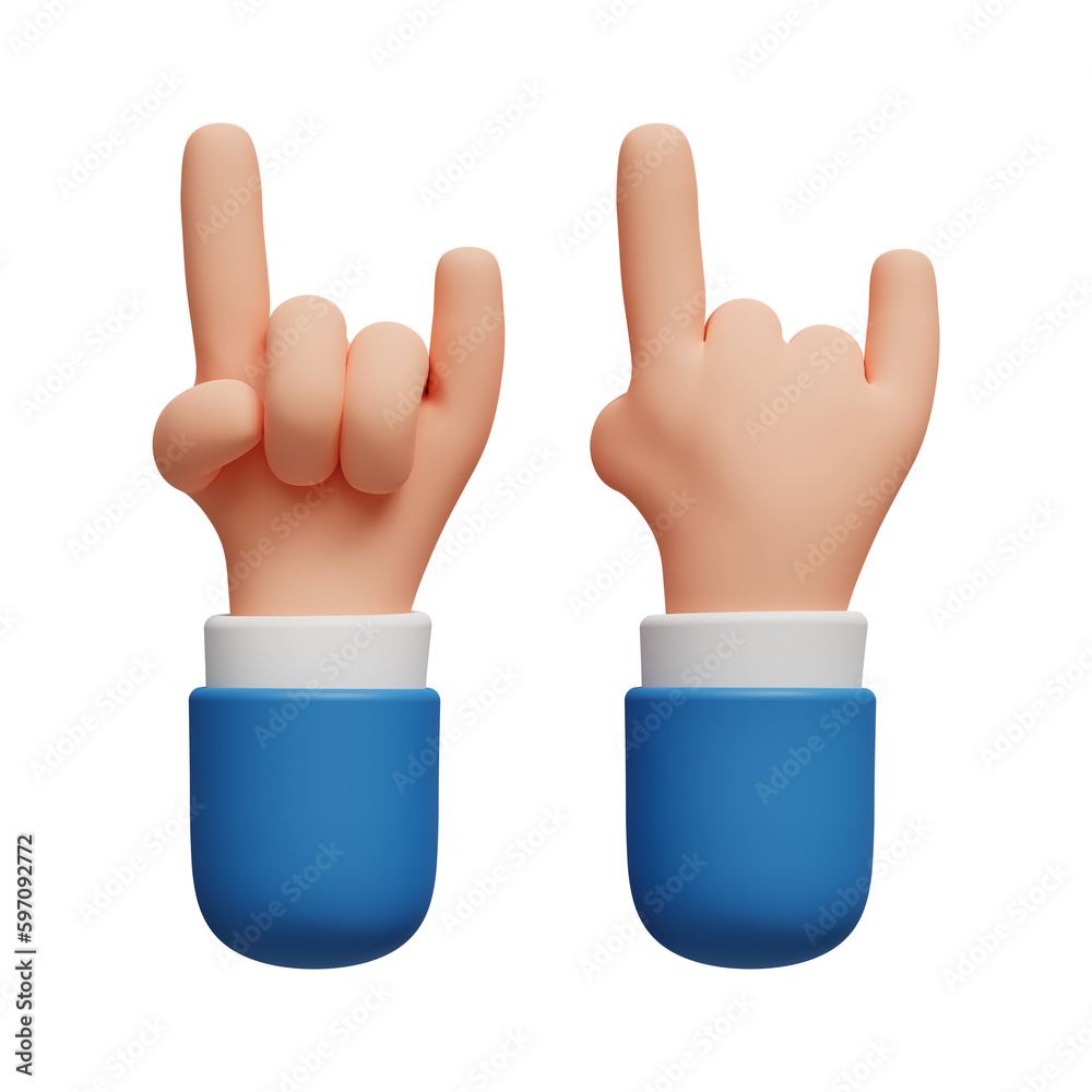 3D cartoon character rock on hand gesture in business attire on transparent background. Unity or protest. Hand view from Front and back. 3D render 3D cartoon character rock on hand gesture in business attire on transparent background. Unity or protest. Hand view from Front and back. 3D render