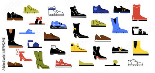 Set of shoes. Collection of colorful sneakers, womens and mens shoes and boots. Fashion, trend and style. Aesthetics and elegance. Cartoon flat vector illustrations isolated on white background