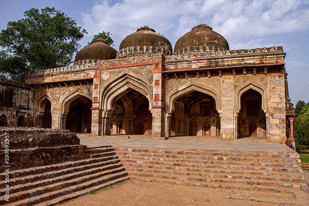 Rich stone Architecture of Mughal Period at Lodhi gardens in Delhi, ancient monuments with carvings
