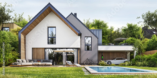 Beautiful modern house with electric car and swimming pool