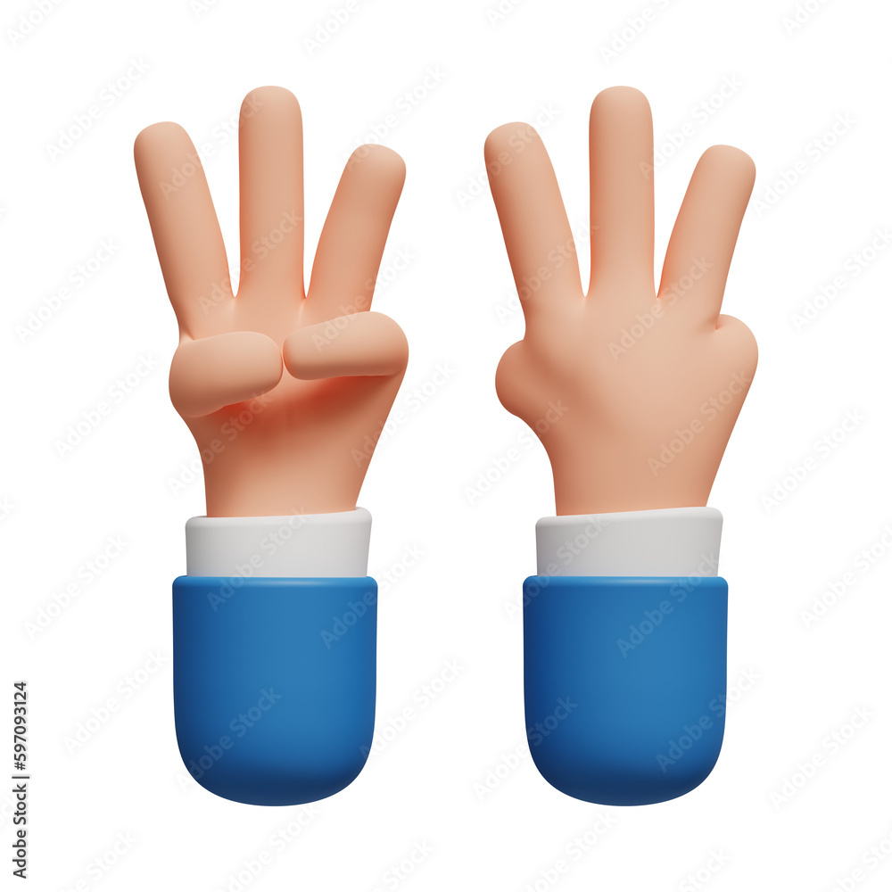 3D cartoon character hand in business attire on transparent background. Three fingers social icon. Hand view from Front and back. 3D render