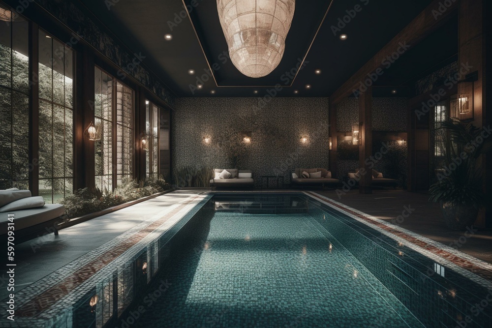 Fototapeta premium Interior design for pool area. Generative AI
