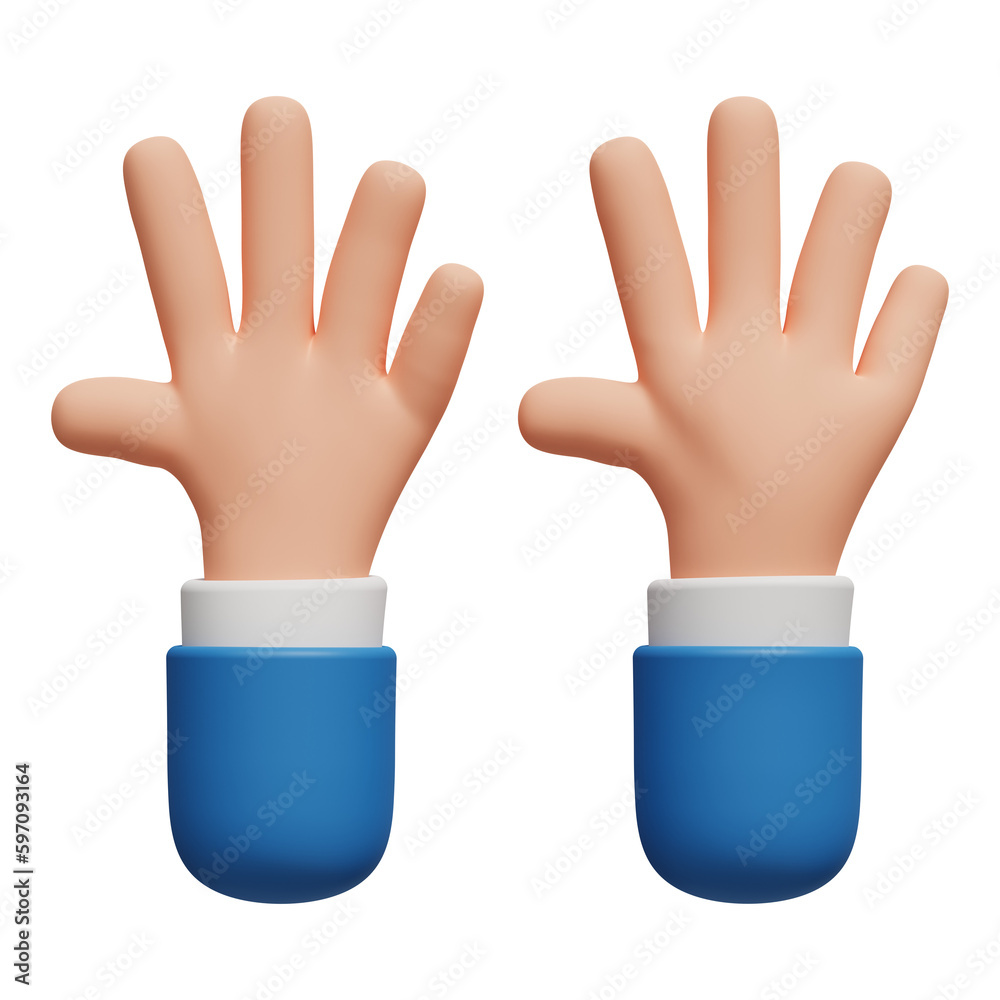 3D cartoon character hand open palm and five fingers gesture in business attire on transparent background. Hello, social concept. Hand view from Front and back. 3D render 3D cartoon character hand open palm and five fingers gesture in business attire on transparent background. Hello, social concept. Hand view from Front and back. 3D render