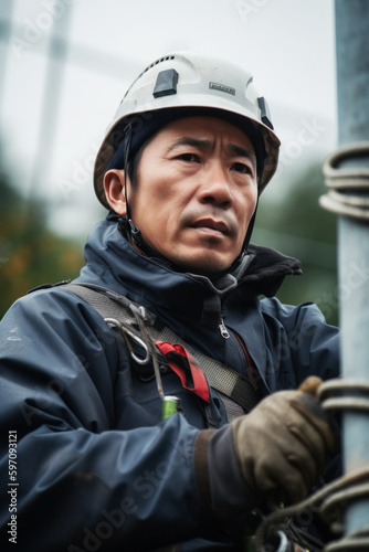 On a sunny day, a skilled 40-year-old Asian electrician confidently works an electricity pole, wearing his vest and helmet. His expertise shine through in this captivating portrait. Generative AI
