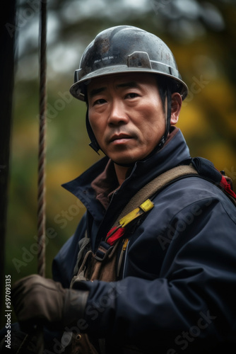  On a sunny day, a skilled 40-year-old Asian electrician confidently works an electricity pole, wearing his vest and helmet. His expertise shine through in this captivating portrait. Generative AI © neo