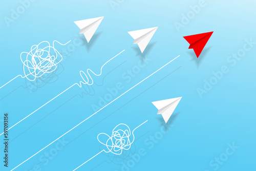 Top view of paper planes with doodle line in the sky. Origami aircraft. Geometric shape symbol. Concept of business, leadership, solution, success, education, teamwork, mission target, think different