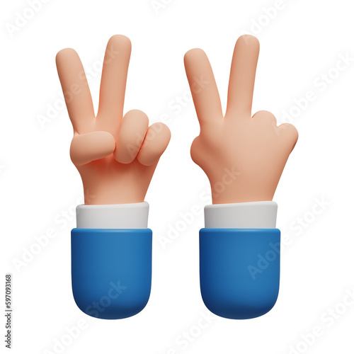 3D cartoon character hand making a victory gesture with two fingers in business attire on transparent background. Business success. Front and back hand view. 3D render