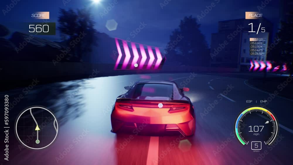 3D computer graphics of racing simulator. Sports car drifting and driving fast on modern urban roadway in night city. Gameplay of racing video game with interface. Playback on PC or mobile screen.