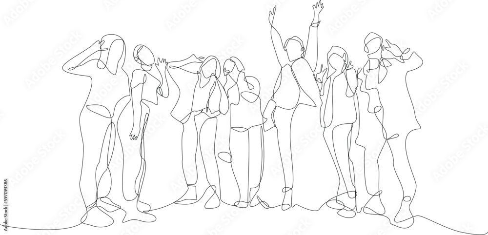 Outline of group of young girlfriends and boyfriends in casual clothes drawn with single line against white background