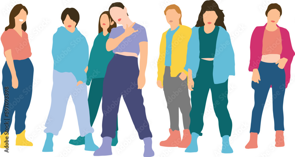 Obraz premium Vector illustration of full body people in colorful street style outfits and sneakers isolated on white background