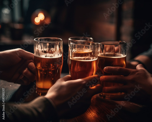 Nahaufnahme von Biergläsern in einer Bar kurz vor dem Anstoßen, generative AI