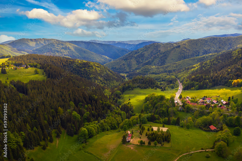Aerial View of Donovaly, part Hanesy. Donovaly is a picturesque mountain resort surrounded by the Low Tatras mountain range in central Slovakia