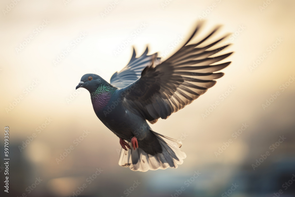 Fototapeta premium A beautiful pigeon spreads its wings. The pigeon in flight. Breathtaking pigeon flight. Generative AI